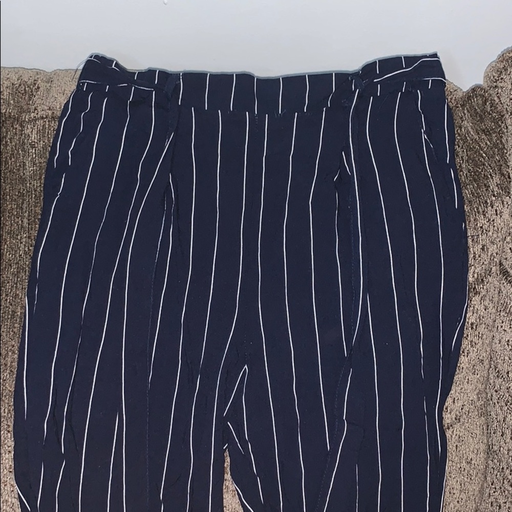 blue and white striped pants